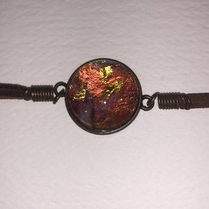 Original art suede bracelet with acrylic/ gold leaf cubuchon